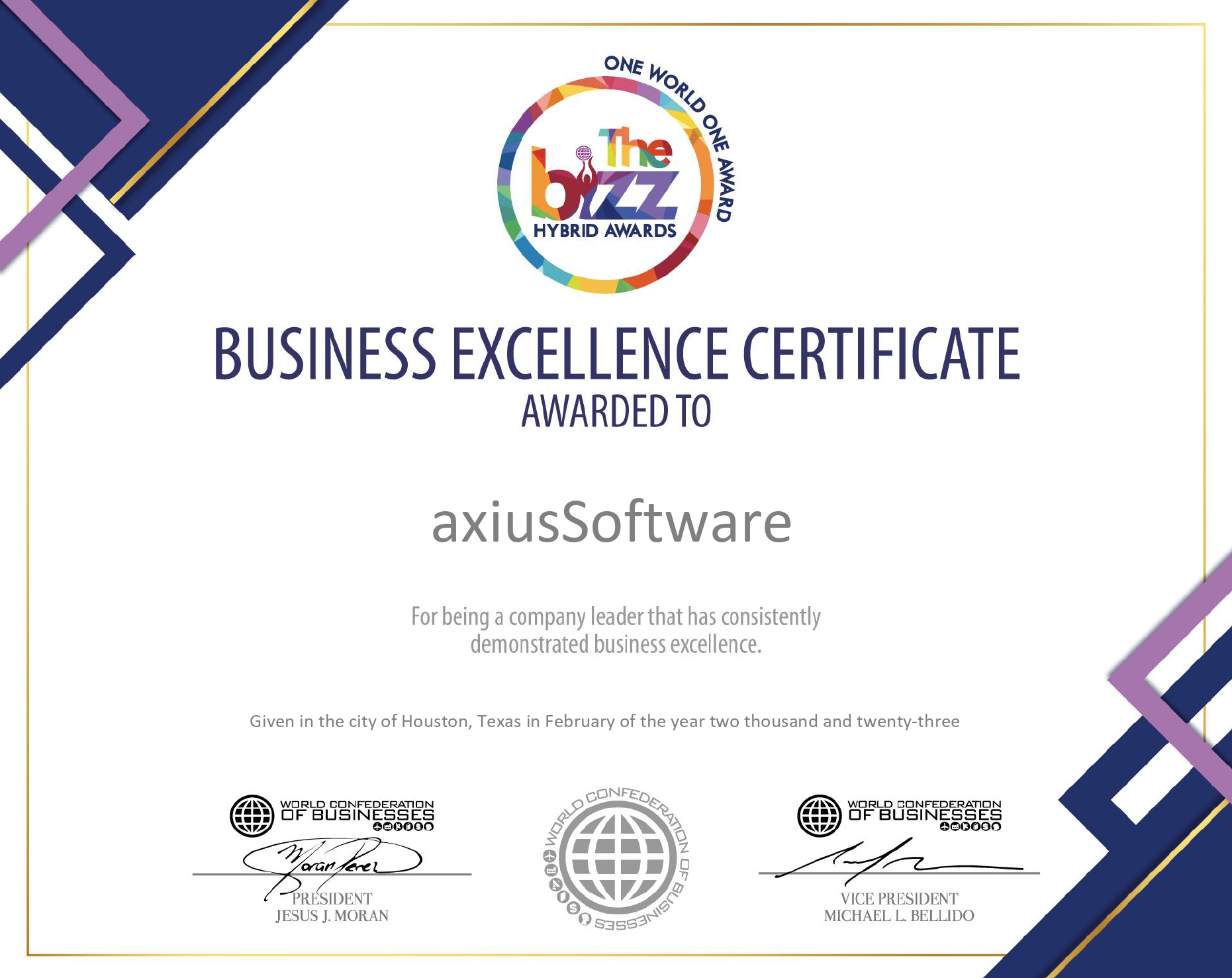 Awarded Business Excellence Certificate