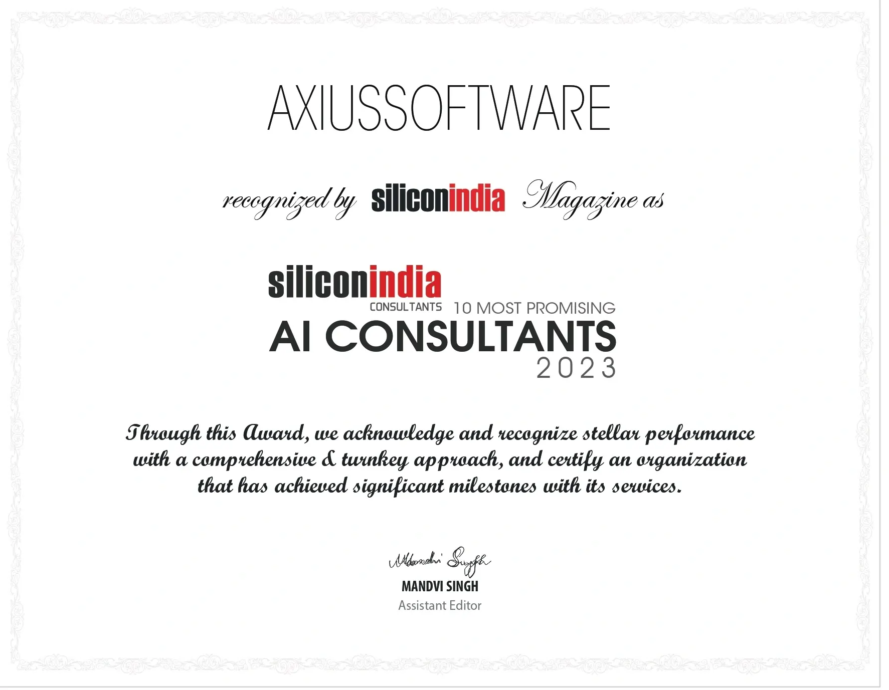 axiusSoftware is recognized by SiliconIndia